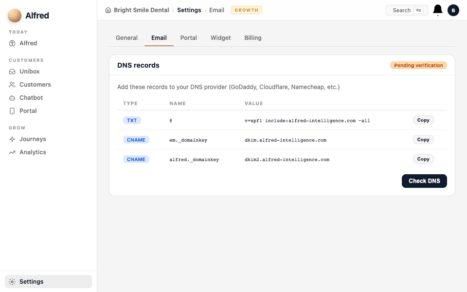 Add the DNS records — screenshot