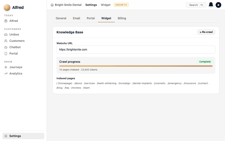 Teach Alfred about your business — screenshot